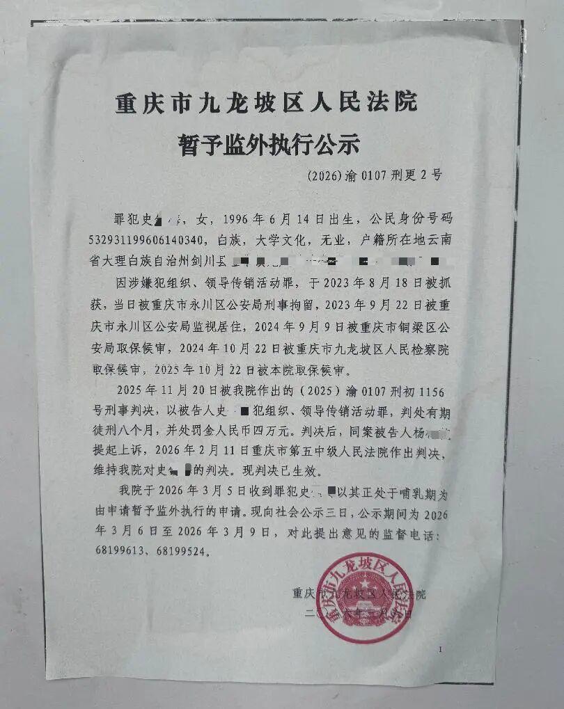 女子组织领导传销获刑8个月，因产女获准暂予监外执行